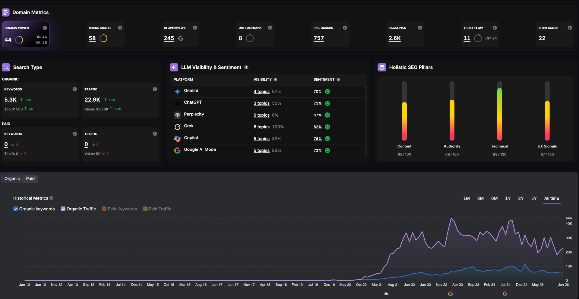 SEO Dashboard showing domain metrics, LLM visibility across AI platforms, and holistic SEO pillars
